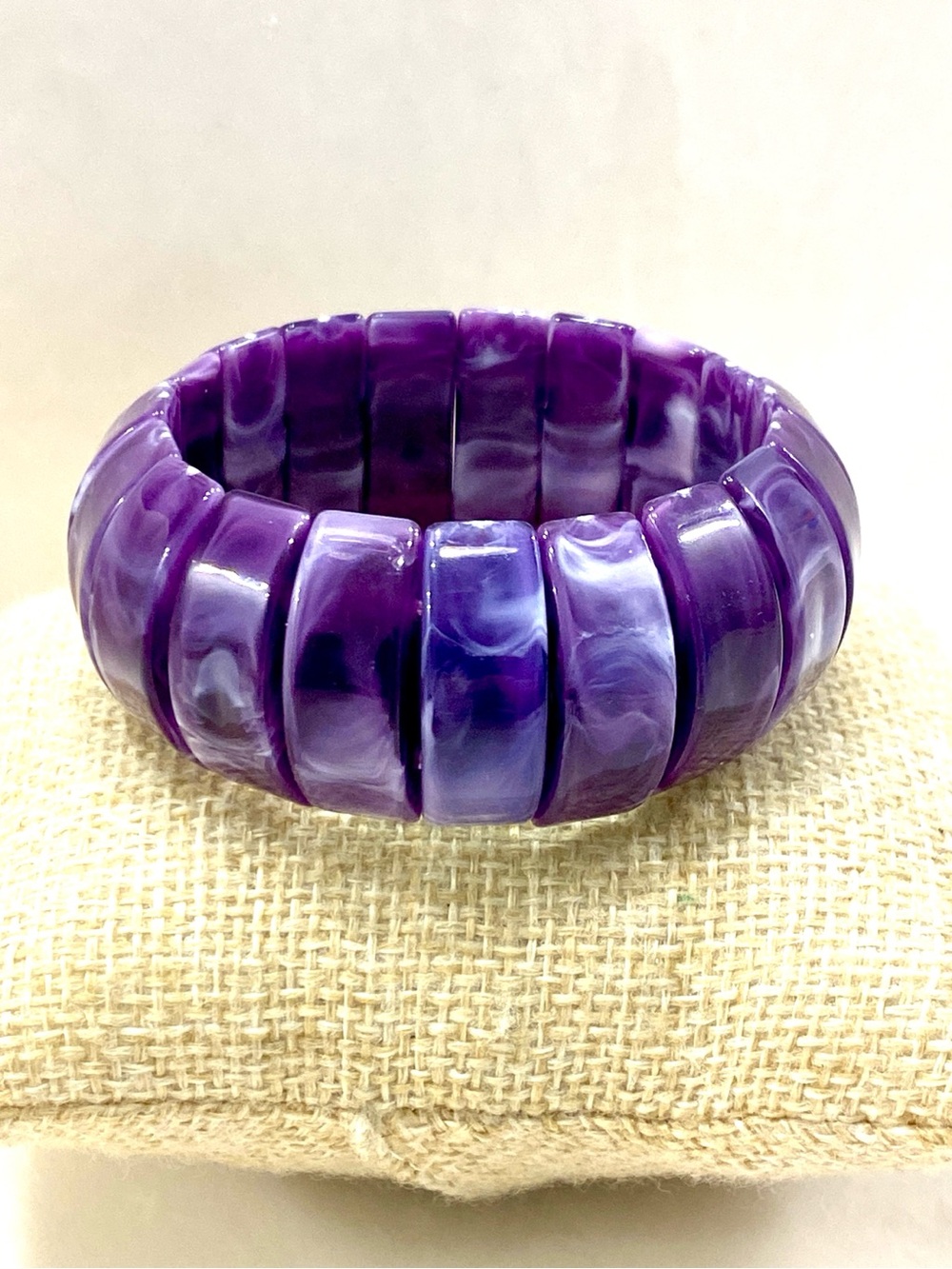 Retro Chunky Marbled Purple Acrylic Stretch Bracelet Segmented Statement Bangle
